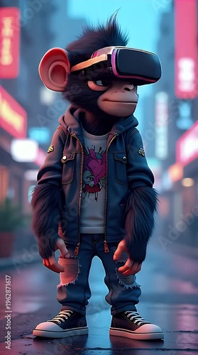Cool Monkey Character With VR Headset And Streetwear Outfit Futuristic Style 3D Portrait Illustration
