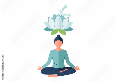Serene woman meditating peacefully with a lotus flower and a white dove symbolizing harmony, tranquility, and spiritual awakening