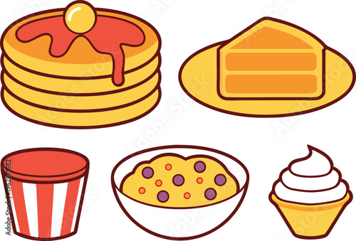 Delicious Breakfast Feast with Pancakes Waffles Porridge and Ice Cream in Flat Style vector,Generative Ai