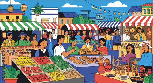 A busy and colorful outdoor marketplace bustling with vendors and shoppers