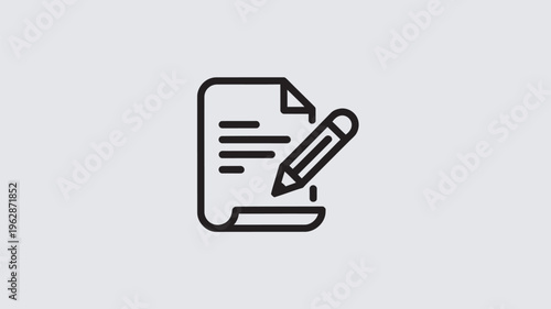 A simple black and white icon of a document with a pencil writing on it