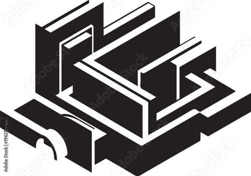 Black and white 3D maze illustration with geometric shapes and lines