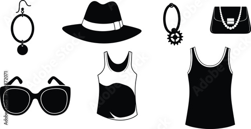 Fashion accessories and clothing silhouettes set, women hat sunglasses handbag earrings tops, stylish outfit elements, vector illustration
