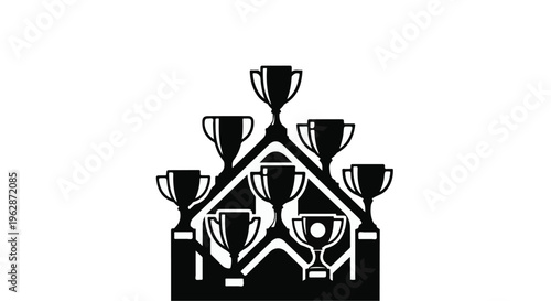 Collection of achievement trophies is arranged neatly within a stylized architectural frame, emphasizing success and winning accolades in a stark black silhouette.