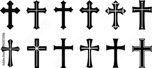 Twelve Black Christian Cross Icons with Ornate Designs on White christianity religion