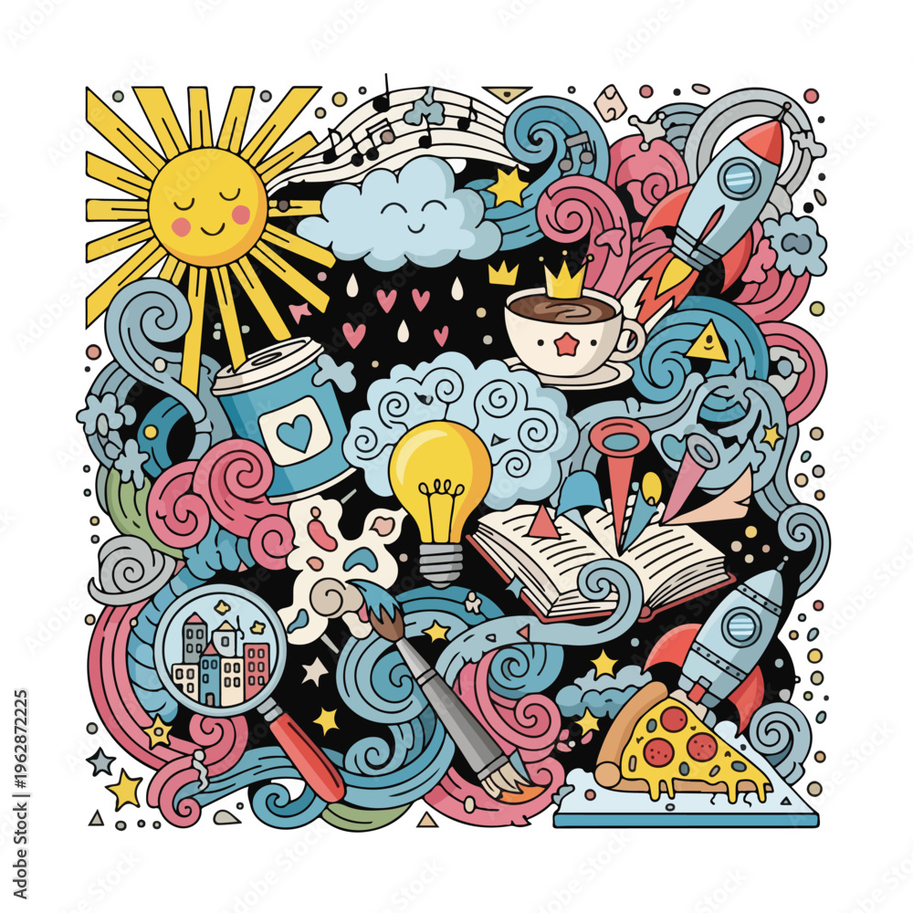Obraz premium Whimsical cartoon illustration with sun, coffee, rocket, and swirling designs