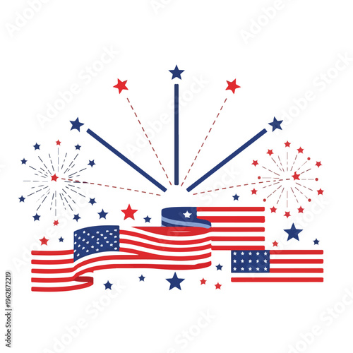 Patriotic illustration featuring flags, fireworks, and stars on white background