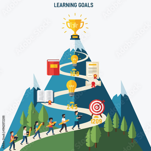 Illustration of people climbing to reach a trophy atop a mountain