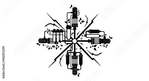 Stylized monochrome illustration shows complex hydraulic or filtration system components radiating symmetrically from a central point with subtle swirl details.