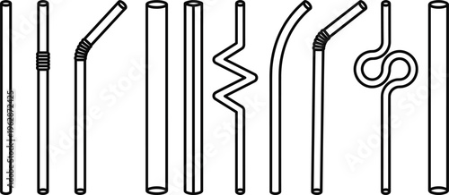 Set of reusable drinking straw line icons with straight bent and zigzag shapes minimal beverage tube collection