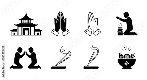 black and white icons of temples, prayer, worship rituals, incense sticks, and spiritual offerings for New Year religious activities.