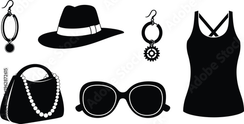 Fashion accessories silhouettes set, women hat sunglasses handbag earrings dress, stylish outfit elements, black vector illustration