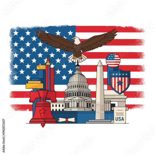 Patriotic illustration featuring iconic symbols against a US flag background