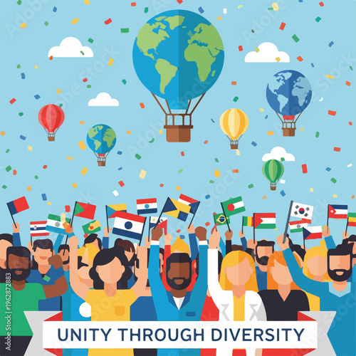 Illustration of people holding flags, hot air balloons, and confetti