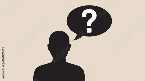 A silhouette of a person with a question mark in a speech bubble above their head, symbolizing curiosity and inquiry.