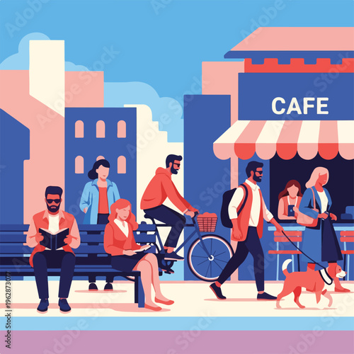 A busy street scene with people, cafe, and a dog enjoying city life
