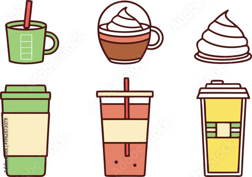 Professional Coffee House Drinks Set with Frappe Espresso and Takeaway Cups in Flat Line Style vector,Generative Ai