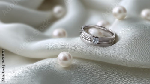 Elegant wedding rings with a diamond sitting on luxurious satin draped with soft pearl accents for bridal images