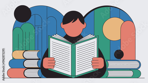 A person reading a book surrounded by stacks of books in a colorful abstract environment