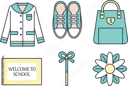 Back to School Essentials Set with Uniform Shoes and Bag in Line Art Style vector,Generative Ai