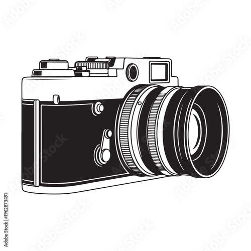 Vintage film camera drawing with black and white tones featuring an old aesthetic look.