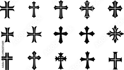 Collection of Fifteen Black Christian Cross Icons on White Background christianity