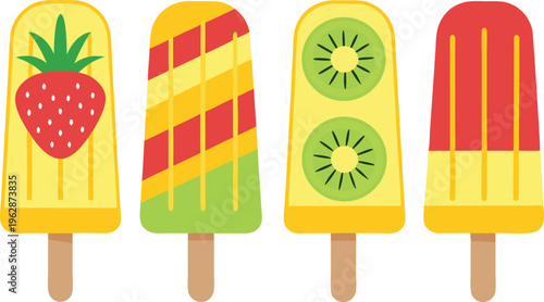 Diverse summer fruit popsicle set with strawberry and kiwi in flat vector style vector,Generative Ai