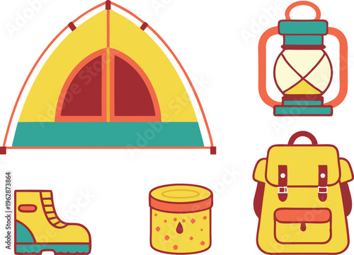 Adventure camping equipment set with tent backpack and lantern in flat style vector,Generative Ai