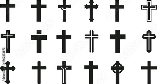 Collection of Fifteen Diverse Christian Cross Silhouettes on White Background christianity
