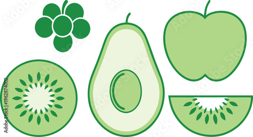 Collection of healthy green fruits with avocado kiwi and apple in minimalist flat style vector,Generative Ai