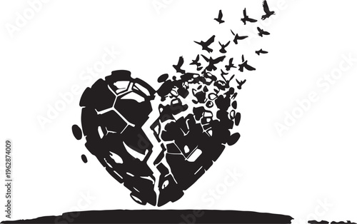 A black heart shape is breaking apart into many flying birds soaring upwards together