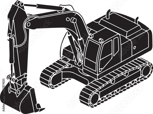 Black and white excavator machine illustration