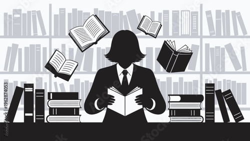 A silhouette of a woman reading a book surrounded by floating books in a library
