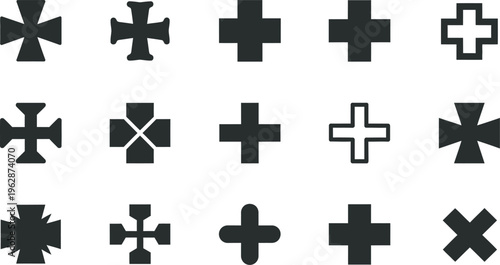 Collection of Fifteen Diverse Cross and Maltese Cross Symbols on White Background