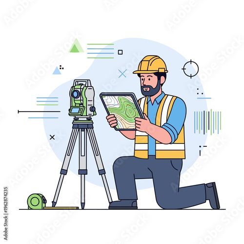 Land Surveyor Engineer Using Total Station and Tablet for Topographic Mapping Vector Illustration