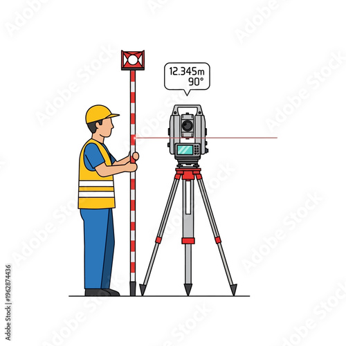 Land Surveyor Using Total Station and Prism Pole for Construction Site Measurement Vector Illustration