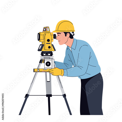 Professional Land Surveyor Using Total Station Theodolite on Tripod, Civil Engineering and Construction Illustration Isolated on White