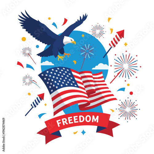 Patriotic illustration with eagle, flag, fireworks, and "freedom" banner