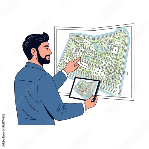Male Urban Planner Examining City Master Plan with Digital Tablet. Architect analyzing architectural site layout for real estate development and construction.