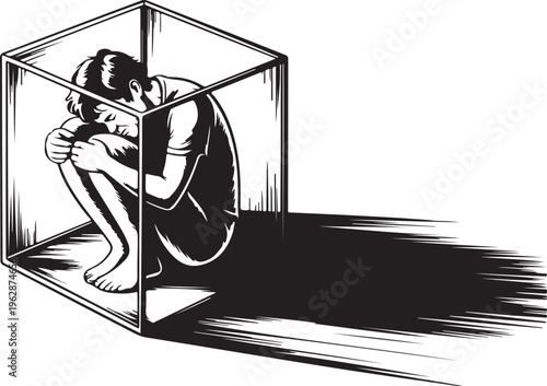 A lonely person sitting curled inside a transparent box representing deep feelings of isolation