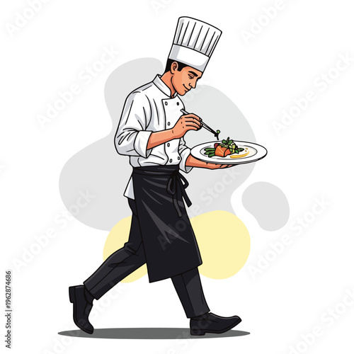 A chef in a white uniform garnishes a plate of food before serving
