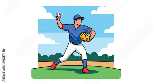 A cartoon baseball player throws a pitch in a vibrant outdoor scene