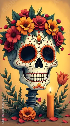 Mexican Day Of The Dead Skull With Floral Decoration Cultural Festival Illustration
