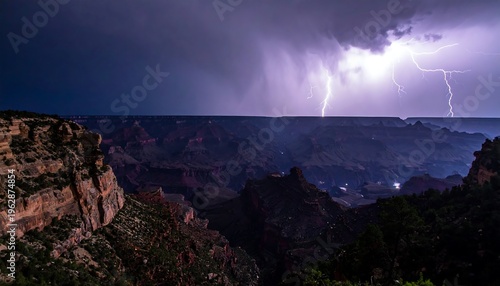 Dramatic Lightning Storm Over Grand Canyon National Park at Night.