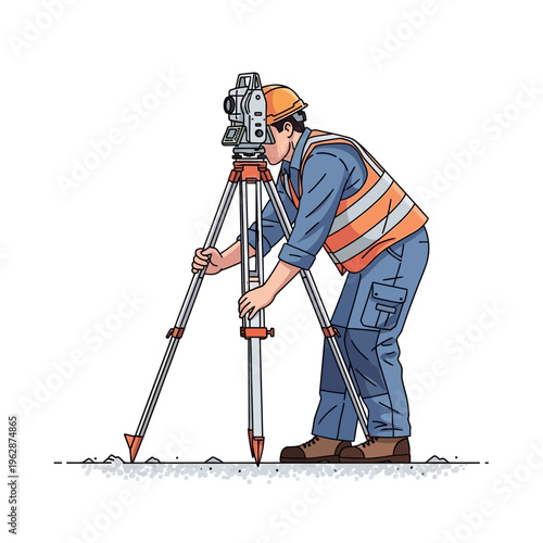 Professional Land Surveyor Using Total Station Theodolite on Construction Site Vector Illustration