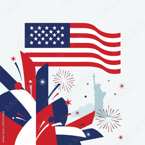 Patriotic illustration with flag, fireworks, and the Statue of Liberty