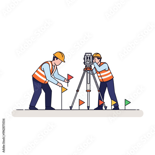 Professional Land Surveyors Working with Total Station and Marking Flags Vector Illustration