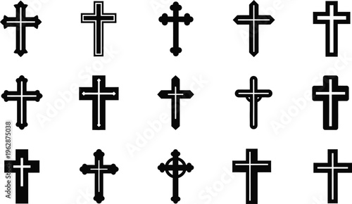 Fifteen Black Christian Cross Designs with Decorative Elements on White Background