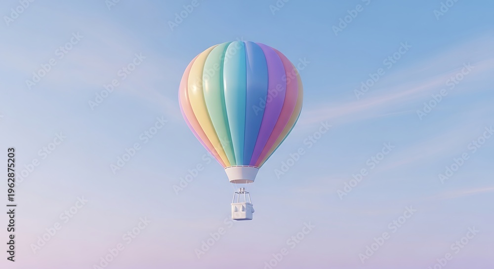 Fototapeta premium A vibrant rainbow-colored hot air balloon gracefully floats across a pastel-hued sky, symbolizing adventure and joy on a clear day