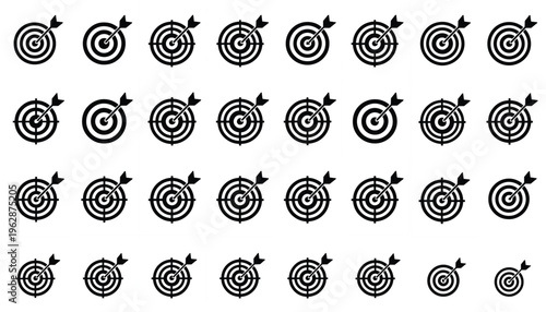 Target and aim icon set featuring bullseye symbols accuracy precision goals achievement and focus elements in flat vector